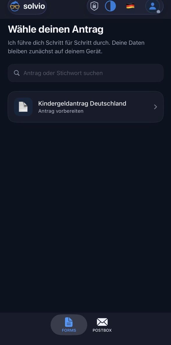 Solvio Forms App: Antrag auswählen, hier der Kindergeldantrag Deutschland