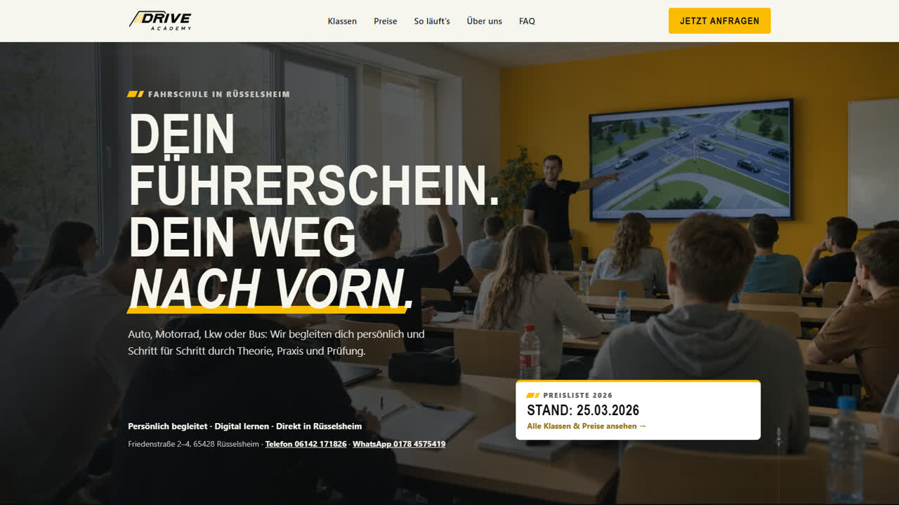 Screenshot der Website der Fahrschule Drive Academy in Rüsselsheim